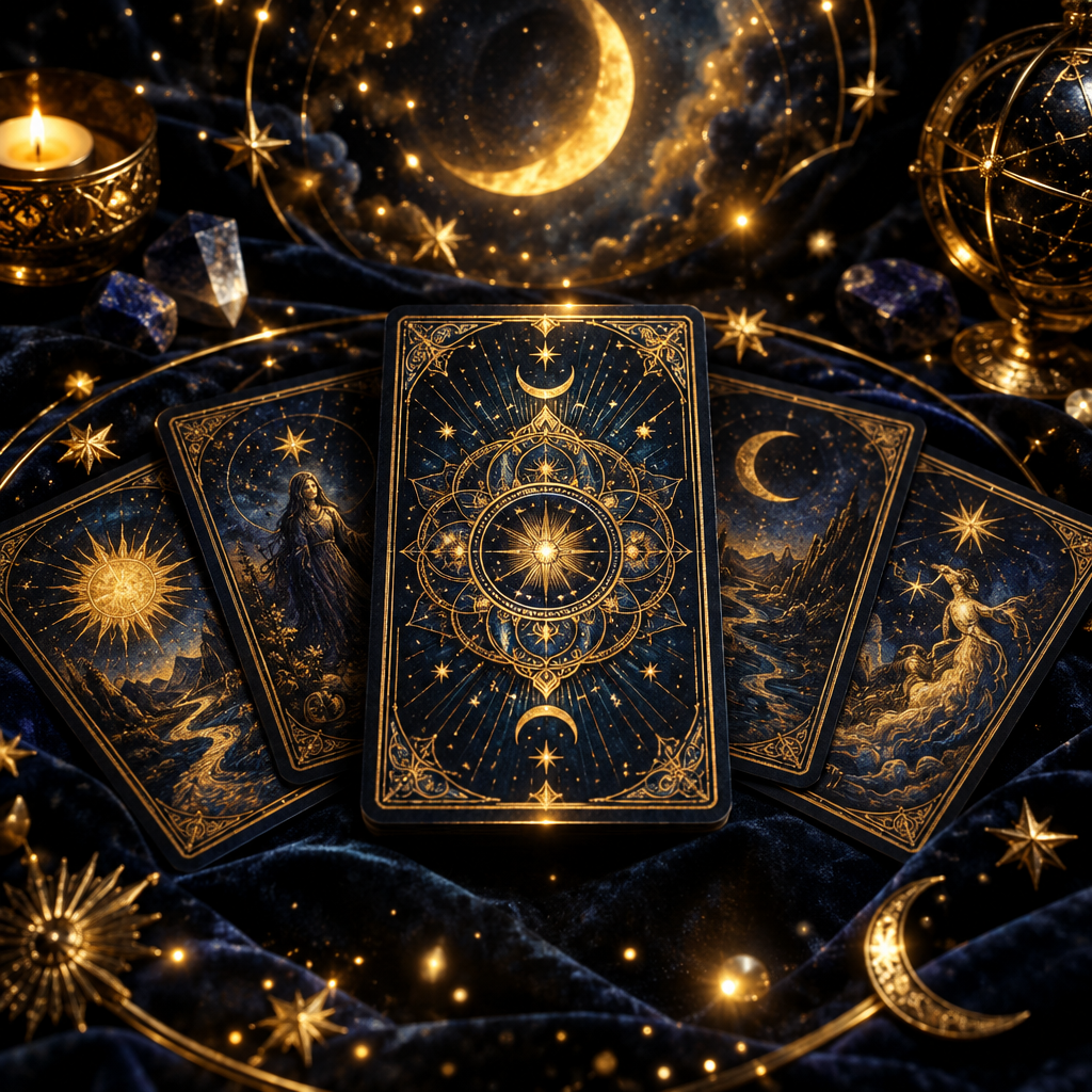 A spread of ornate tarot cards on dark velvet surrounded by glowing candles, crystals and a golden celestial globe.