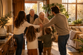A smiling family warmly welcomes their aging grandparents into a sunlit home, with young children running forward to embrace them.