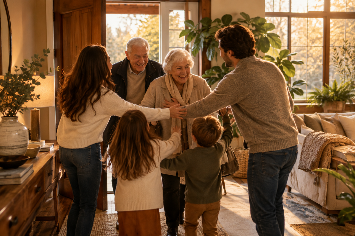 A smiling family warmly welcomes their aging grandparents into a sunlit home, with young children running forward to embrace them.