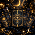 A spread of ornate tarot cards with glowing gold celestial designs rests on a dark velvet cloth surrounded by glowing candles, crystals, and a golden celestial globe.