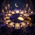 Twelve glowing tarot cards arranged in a circle by candlelight under a crescent moon - The Monthly Guidance Circle tarot subscription