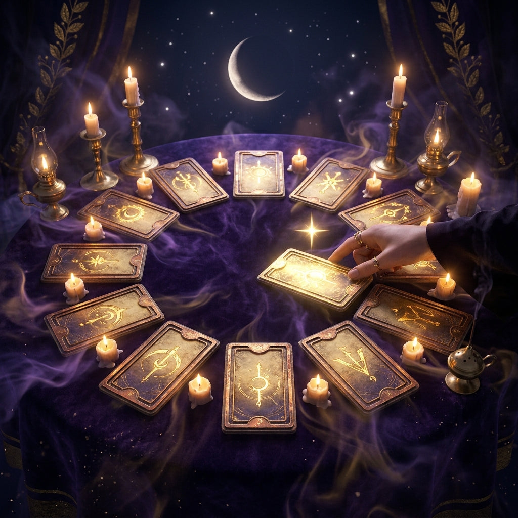 Twelve glowing tarot cards arranged in a circle by candlelight under a crescent moon - The Monthly Guidance Circle tarot subscription