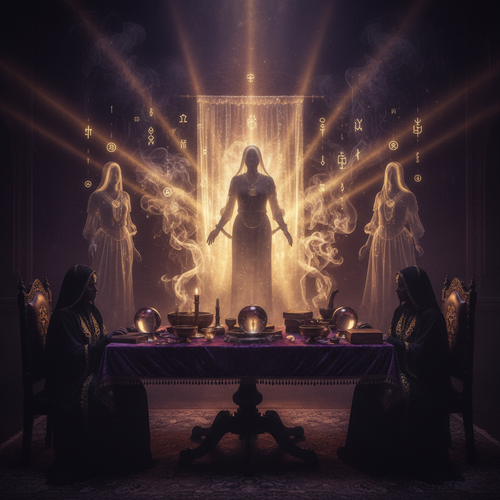 Two robed fortune tellers sit across a purple-clothed table glowing with crystal balls and mystic artifacts while three glowing ghostly figures materialize in a beam of golden light.