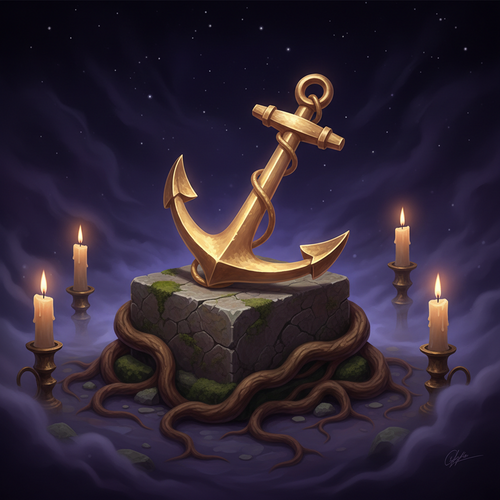 A glowing golden anchor rests atop a mossy stone altar surrounded by gnarled roots and flickering candles under a starry night sky.