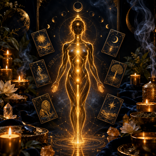 A glowing ethereal figure radiates spiritual energy surrounded by tarot cards, burning candles, and mystical symbols.