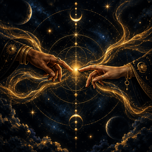 Two adorned hands reach toward each other amidst glowing celestial geometries, swirling golden nebulas, and a starry night sky.