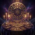 An elaborate golden zodiac wheel sits above a divination table covered in a purple cloth, tarot cards, and glowing candles amidst a cosmic nebula background.