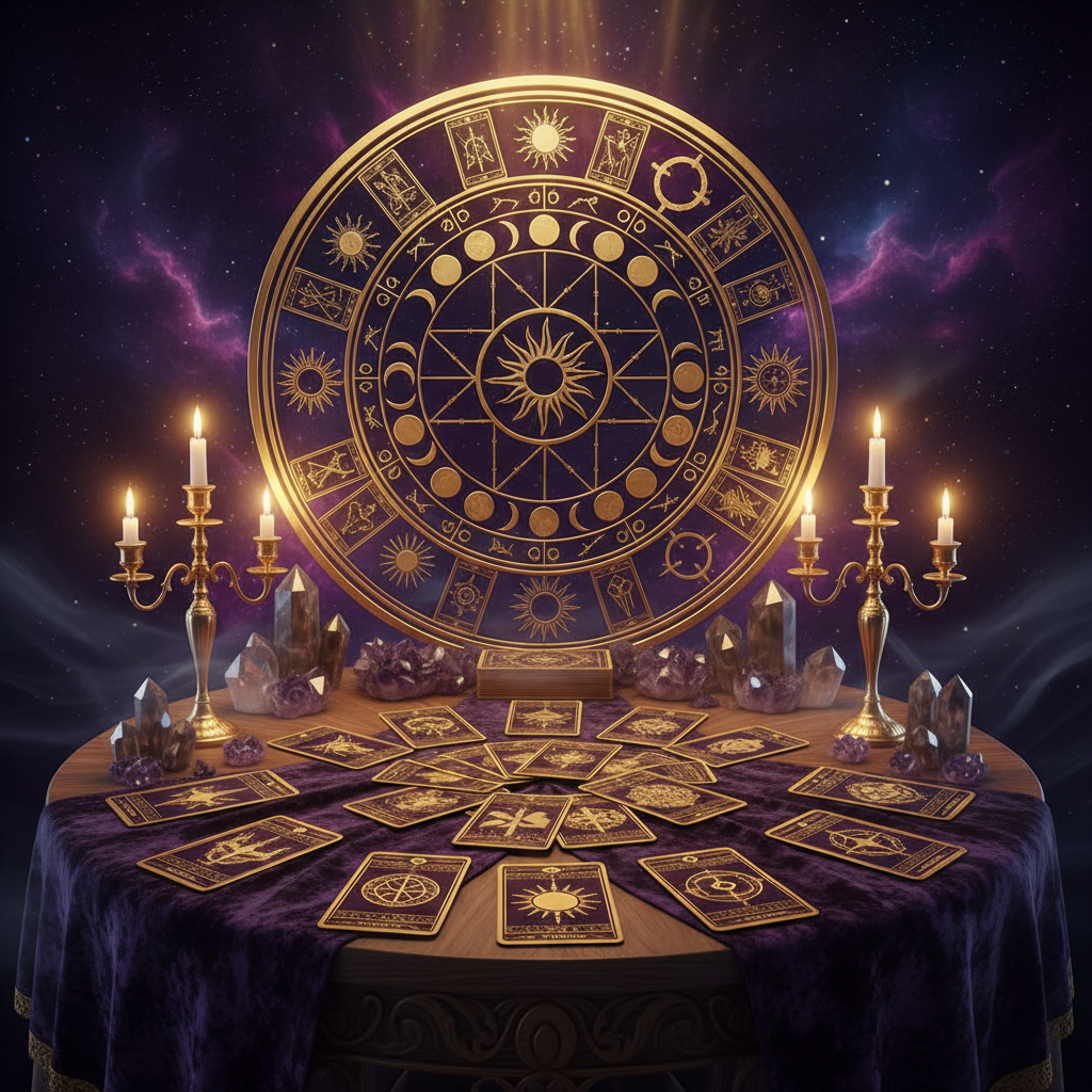 An elaborate golden zodiac wheel sits above a divination table covered in a purple cloth, tarot cards, and glowing candles amidst a cosmic nebula background.